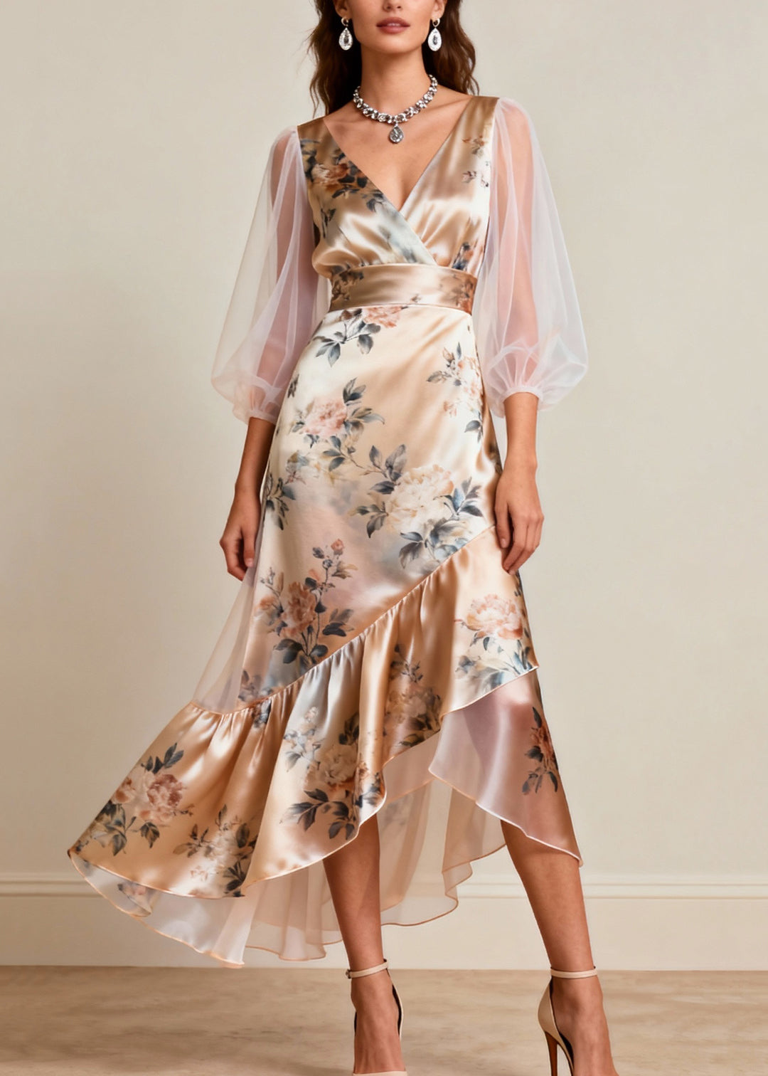 Women V Neck Print Tulle Patchwork Silk Dresses Sleeveless