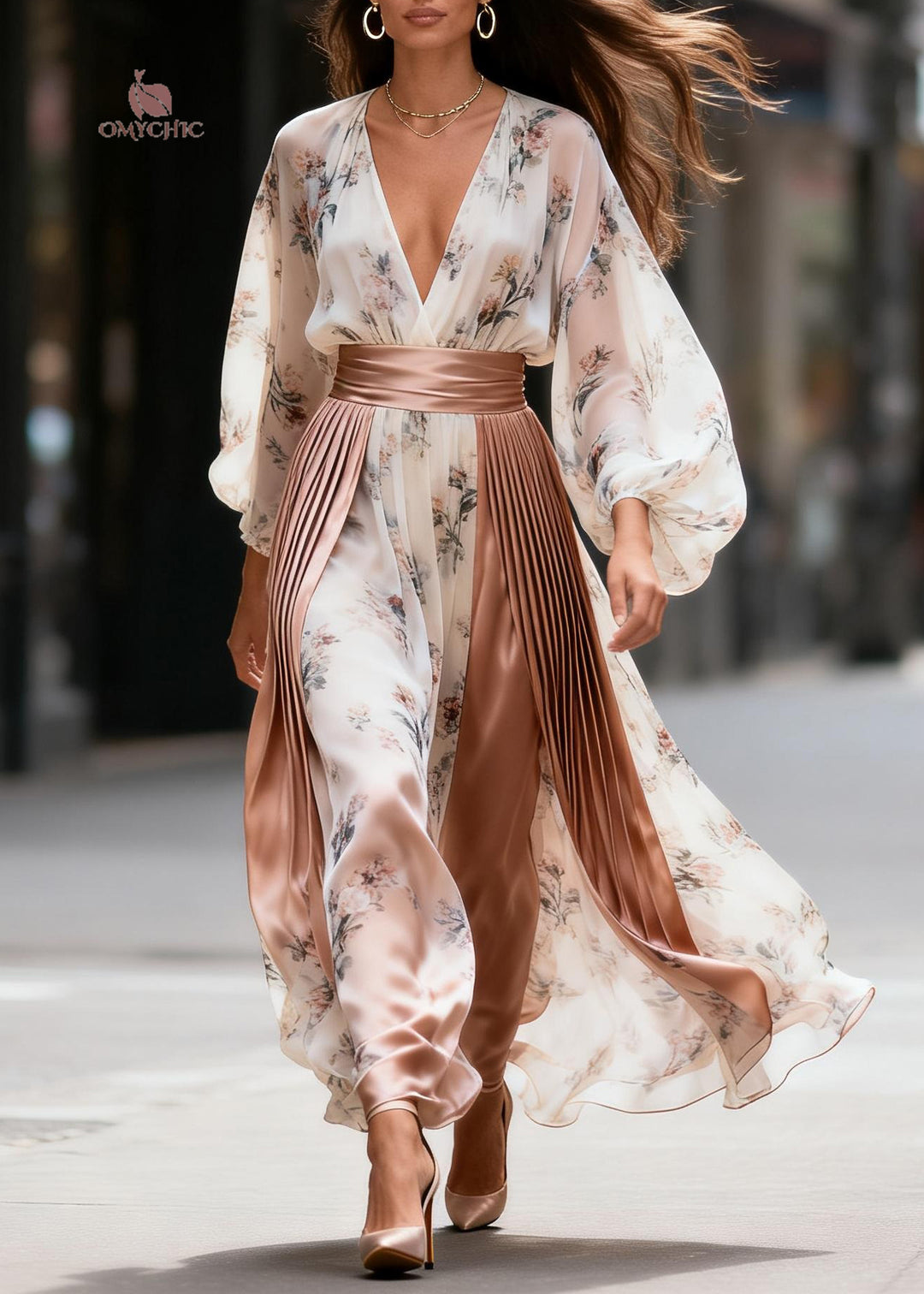Women V Neck Print Wrinkled Patchwork Silk Long Dress Summer