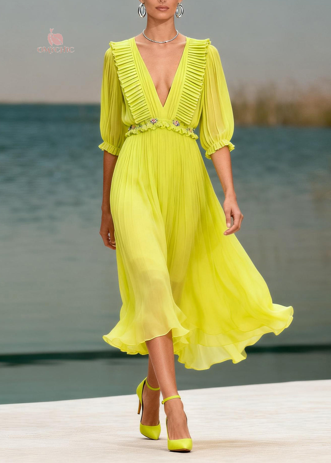 Women V Neck Ruffled Floral Chiffon Long Dress Summer