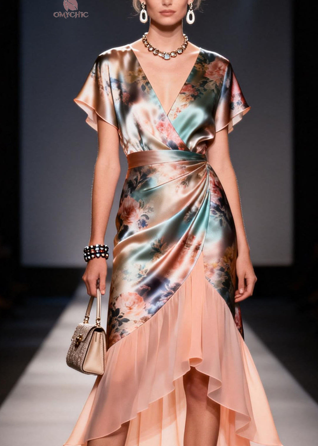 Women V Neck Ruffled Print Patchwork Silk Dresses Summer