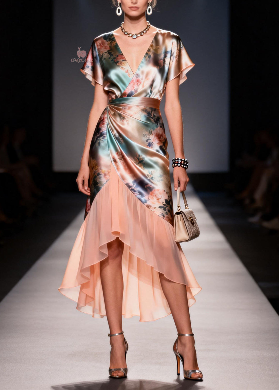 Women V Neck Ruffled Print Patchwork Silk Dresses Summer