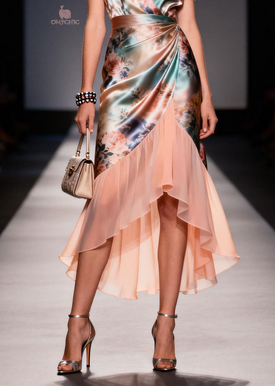 Women V Neck Ruffled Print Patchwork Silk Dresses Summer
