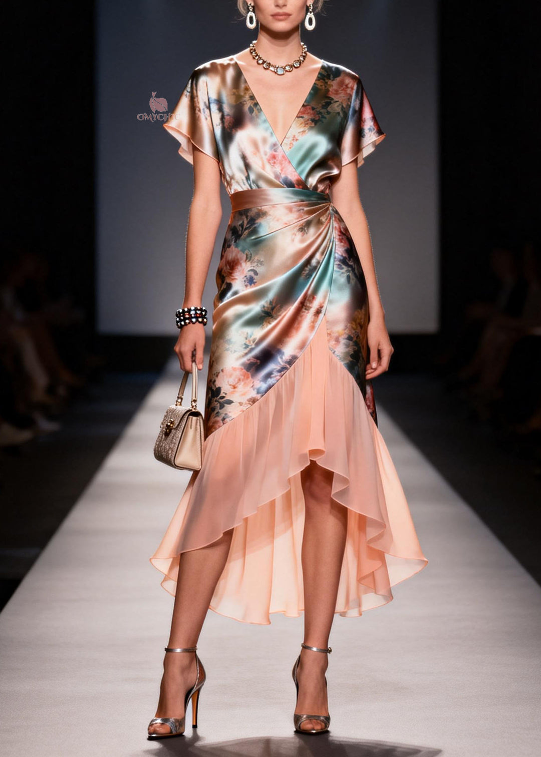 Women V Neck Ruffled Print Patchwork Silk Dresses Summer