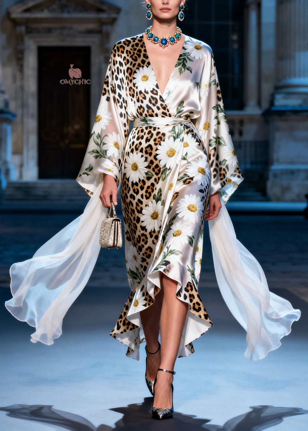 Women V Neck Ruffled Print Tie Waist Silk Long Dress Summer