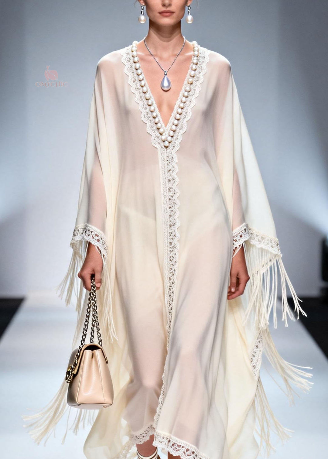 Women V Neck Tassel Nail Bead Patchwork Chiffon Dress Summer