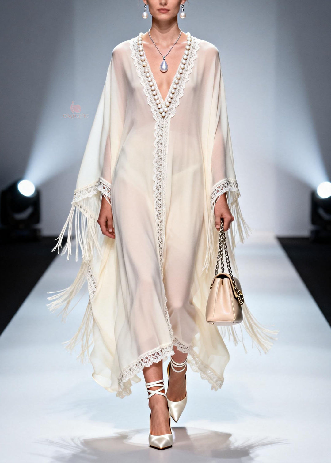 Women V Neck Tassel Nail Bead Patchwork Chiffon Dress Summer