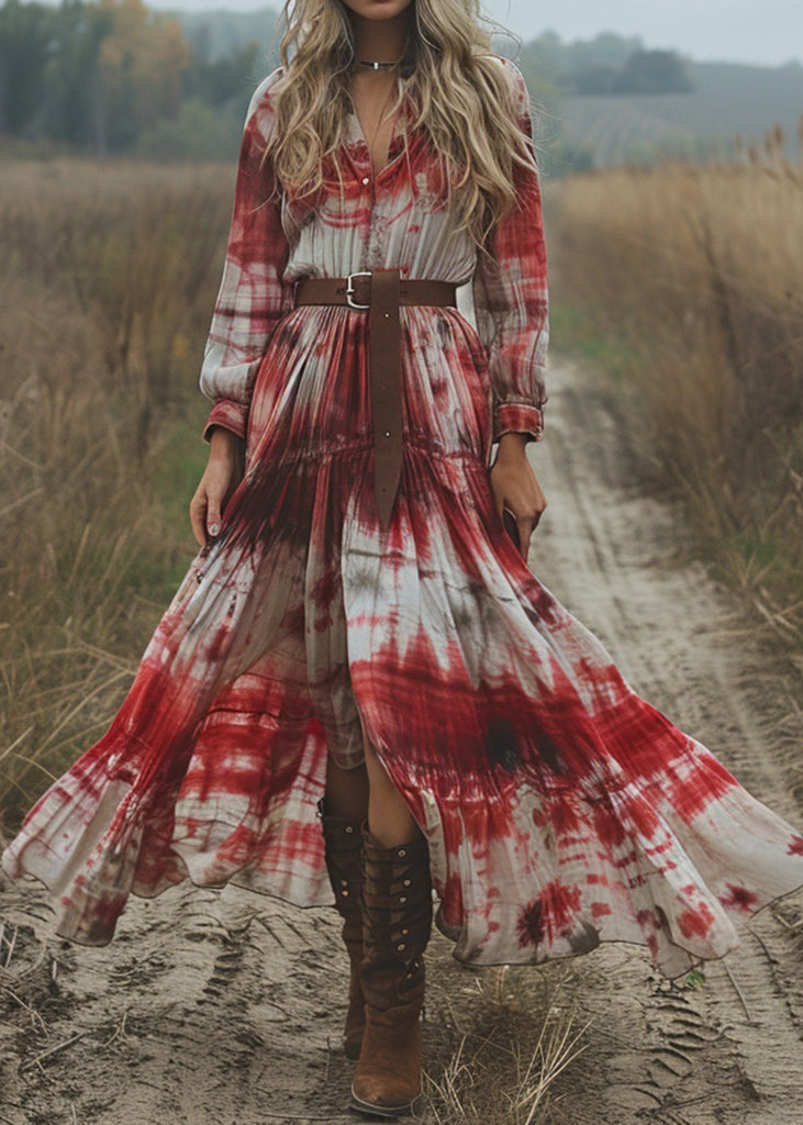 Women V Neck Tie Dye Cotton Pastoral Style Long Dress