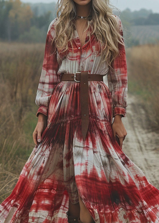 Women V Neck Tie Dye Cotton Pastoral Style Long Dress