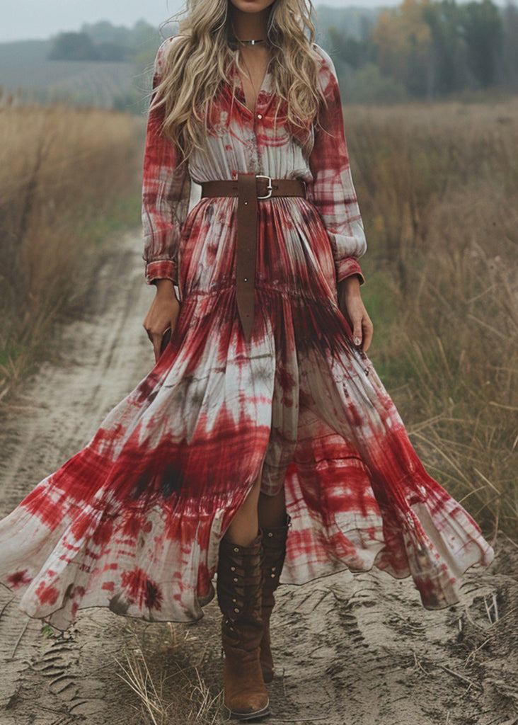 Women V Neck Tie Dye Cotton Pastoral Style Long Dress