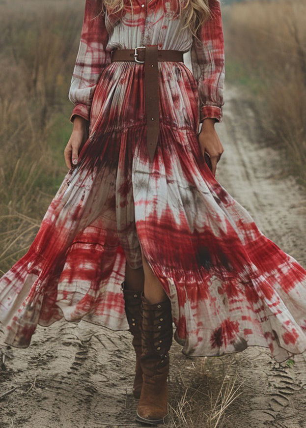 Women V Neck Tie Dye Cotton Pastoral Style Long Dress