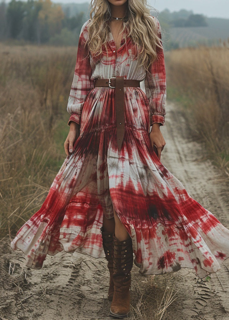 Women V Neck Tie Dye Cotton Pastoral Style Long Dress