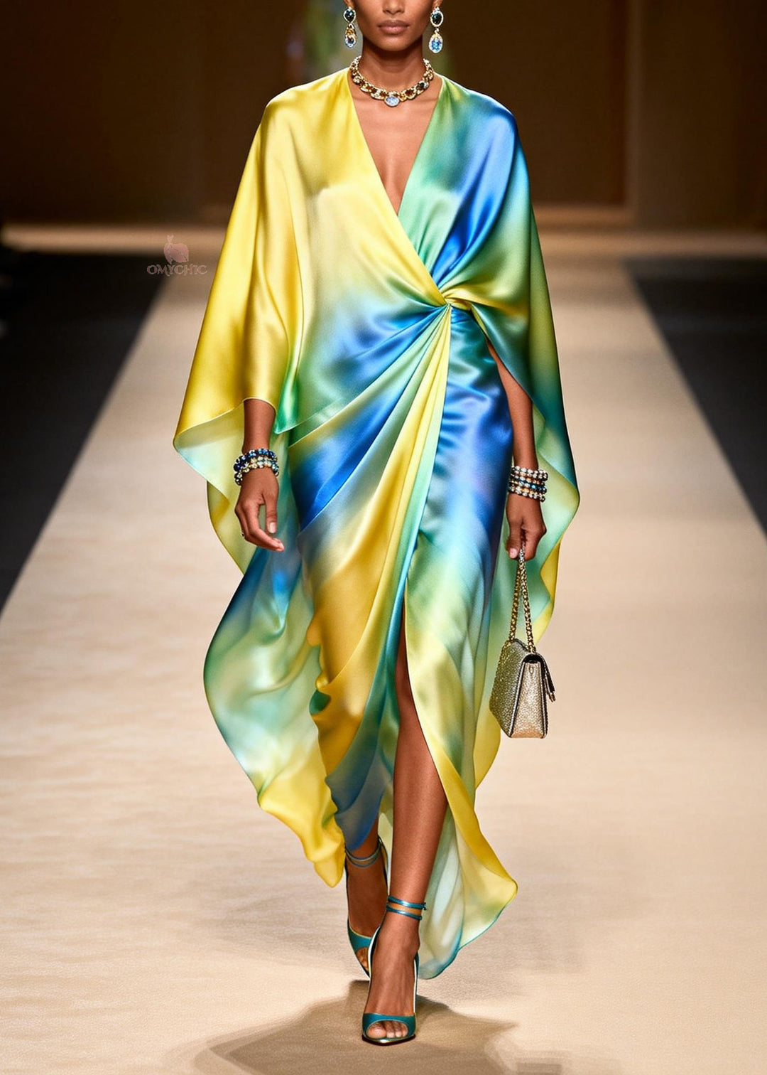 Women V Neck Tie Dye Side Open Chiffon Dresses Spring
