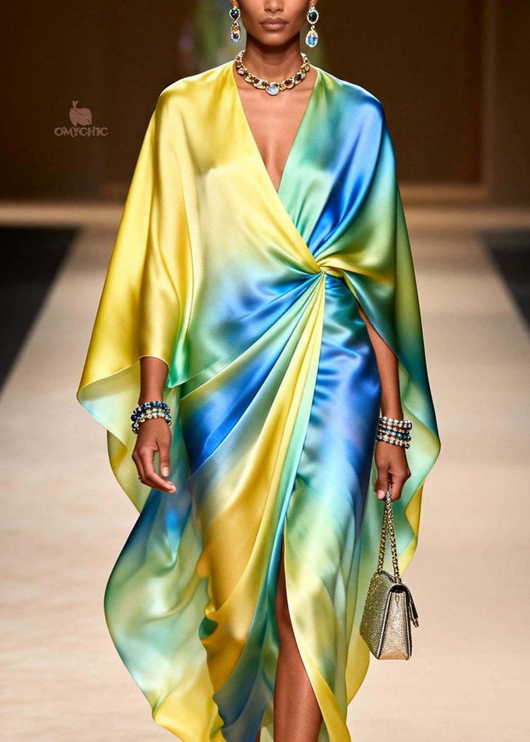 Women V Neck Tie Dye Side Open Chiffon Dresses Spring
