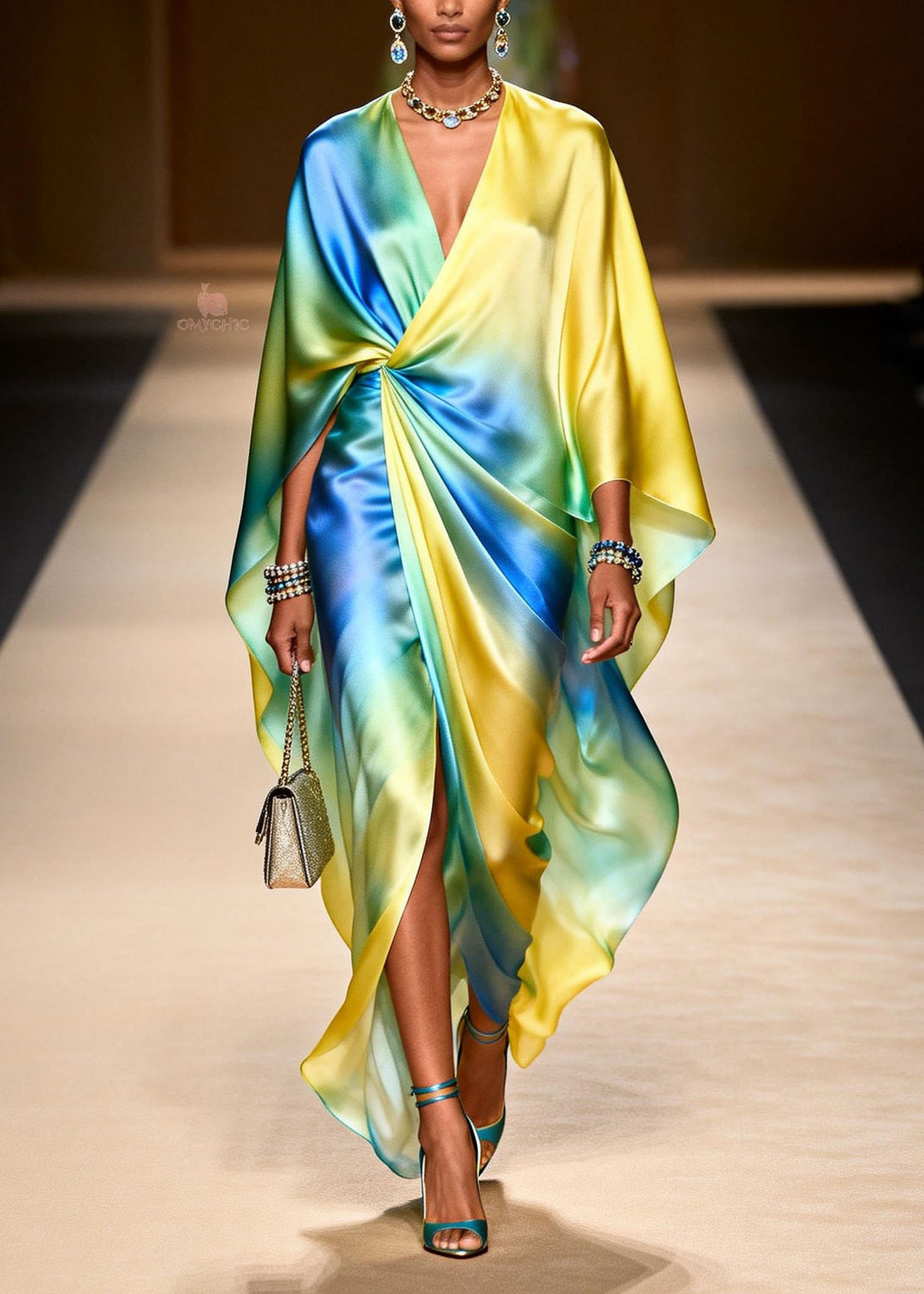 Women V Neck Tie Dye Side Open Chiffon Dresses Spring