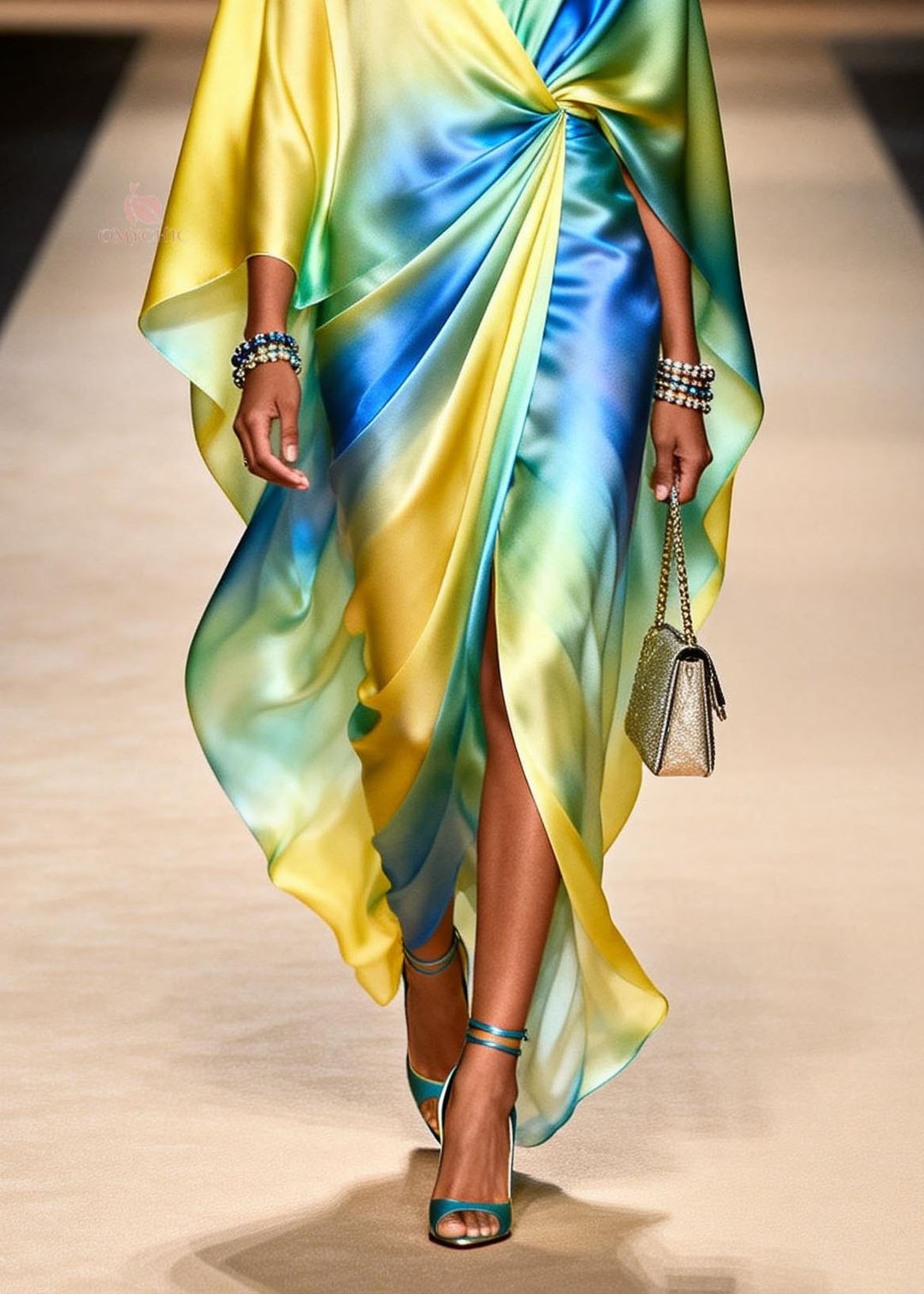 Women V Neck Tie Dye Side Open Chiffon Dresses Spring