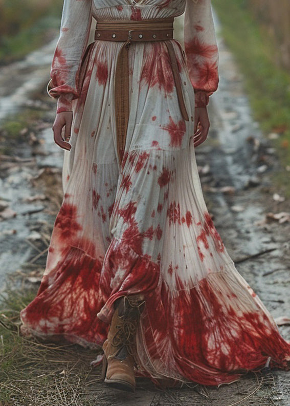 Women V Neck Tie Dye Wrinkled Patchwork Cotton Dresses Long Sleeve