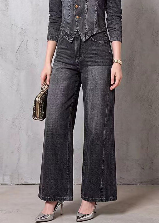 Women V Neck Top And Pants Denim Two Pieces Set Spring