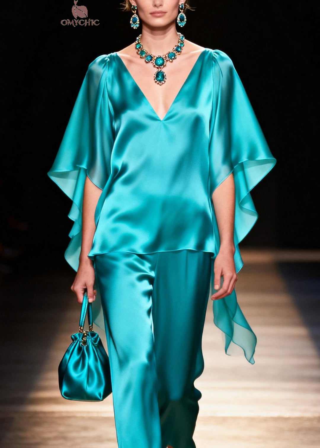 Women V Neck Tops And Pants Silk Two Pieces Set Summer