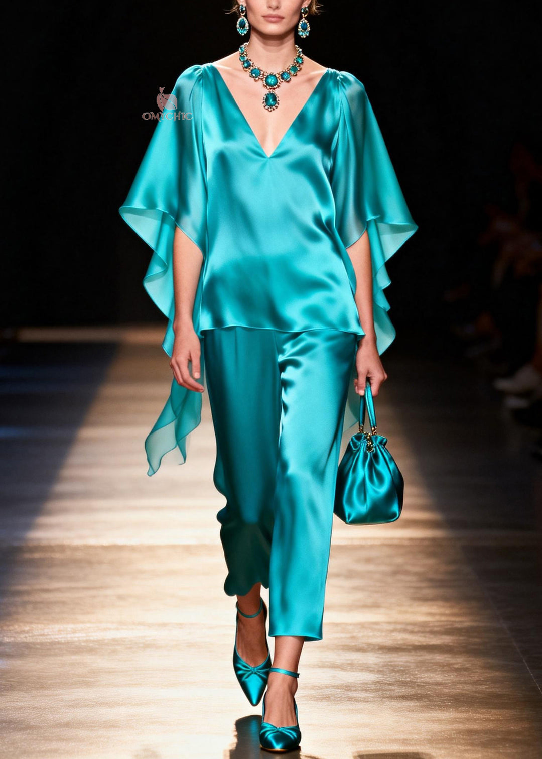 Women V Neck Tops And Pants Silk Two Pieces Set Summer