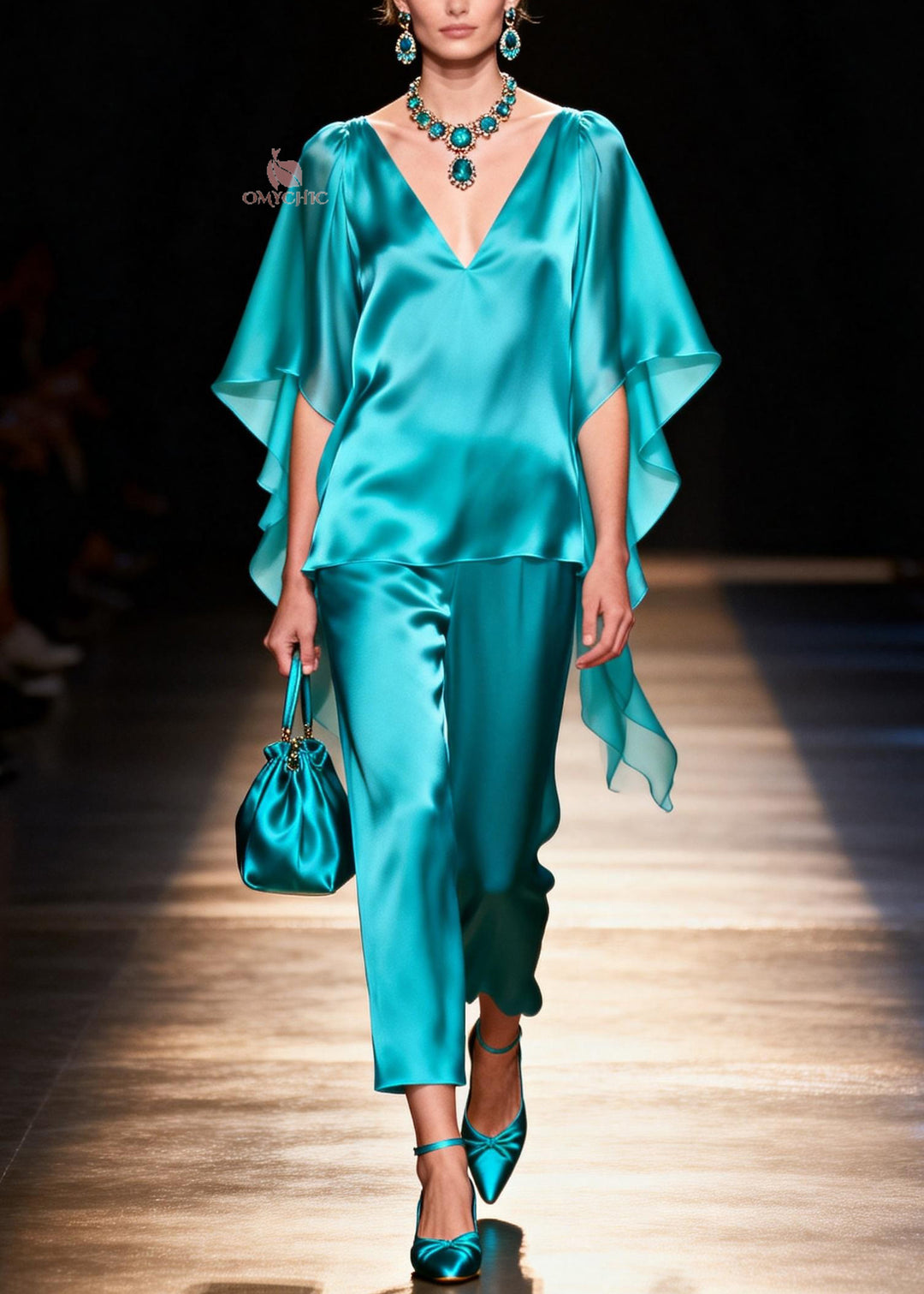 Women V Neck Tops And Pants Silk Two Pieces Set Summer