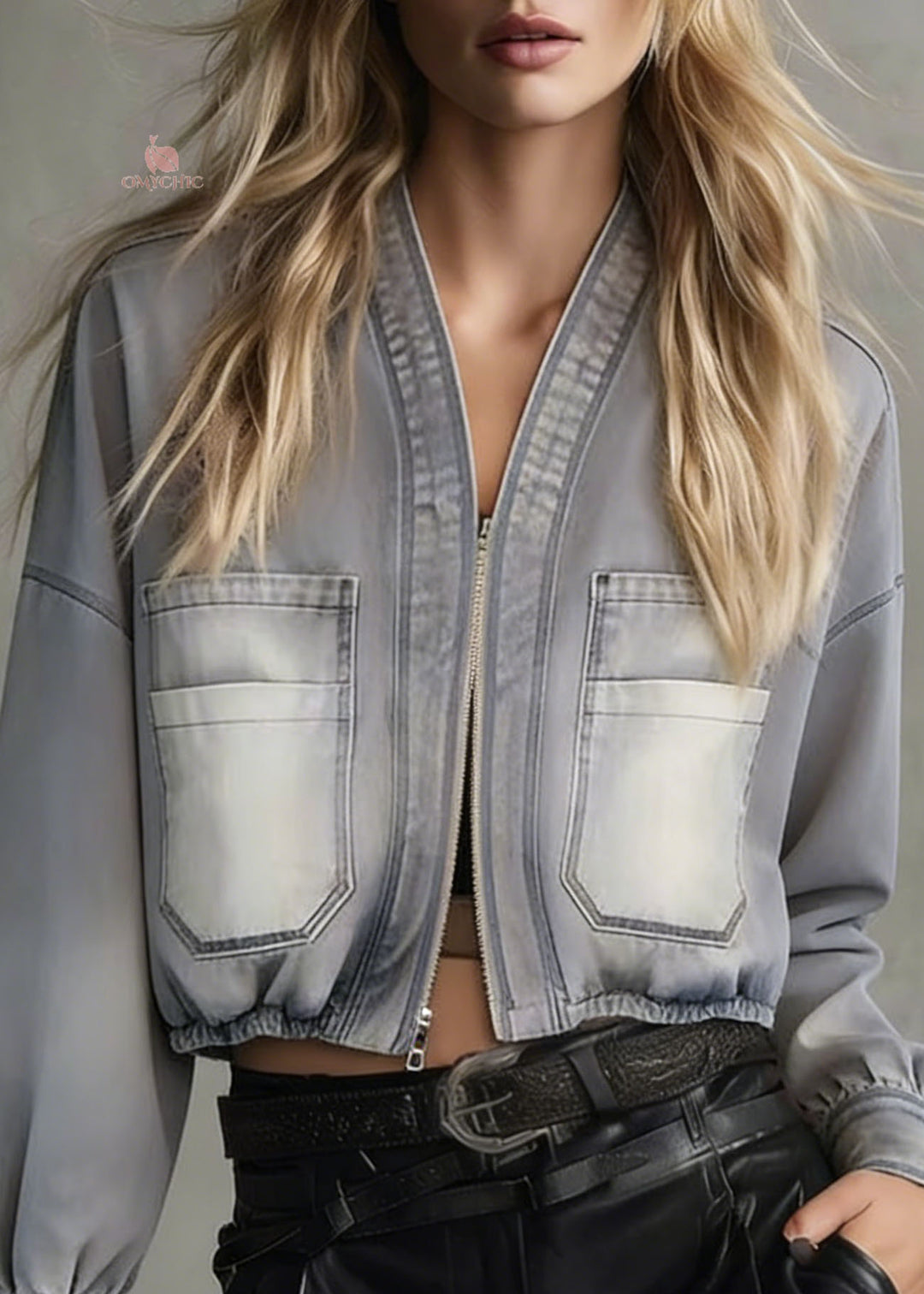 Women V Neck Zippered Pockets Denim Jacket Spring