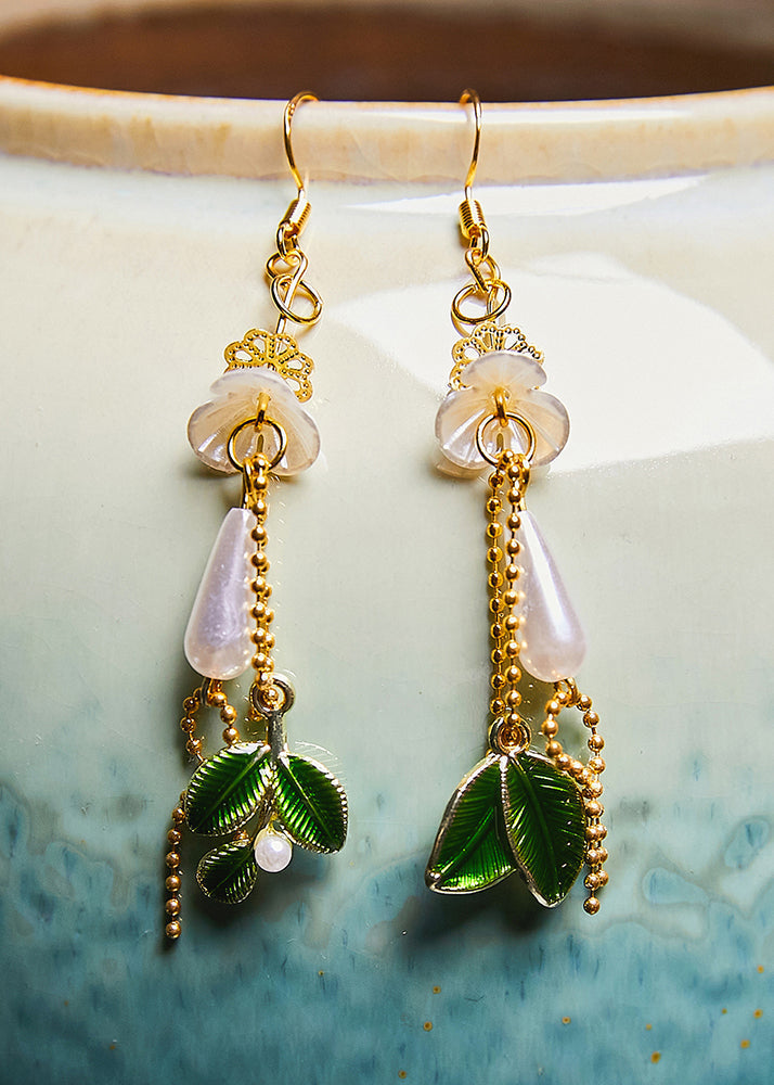 Women Water Droplet Pearl Green Leaf Drop Earrings - Omychic