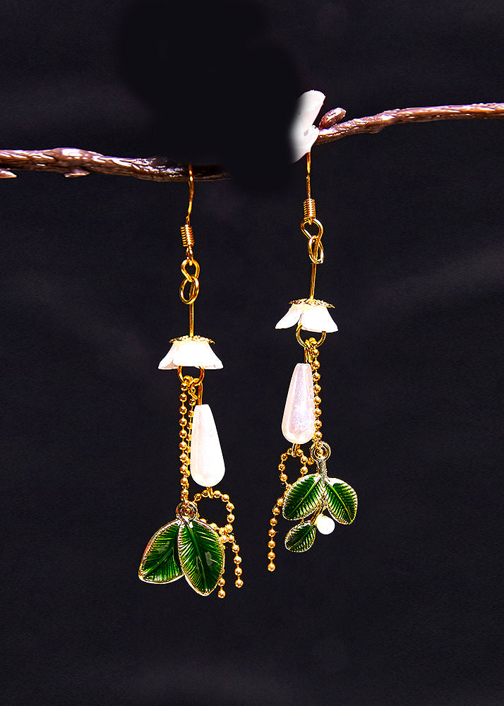 Women Water Droplet Pearl Green Leaf Drop Earrings