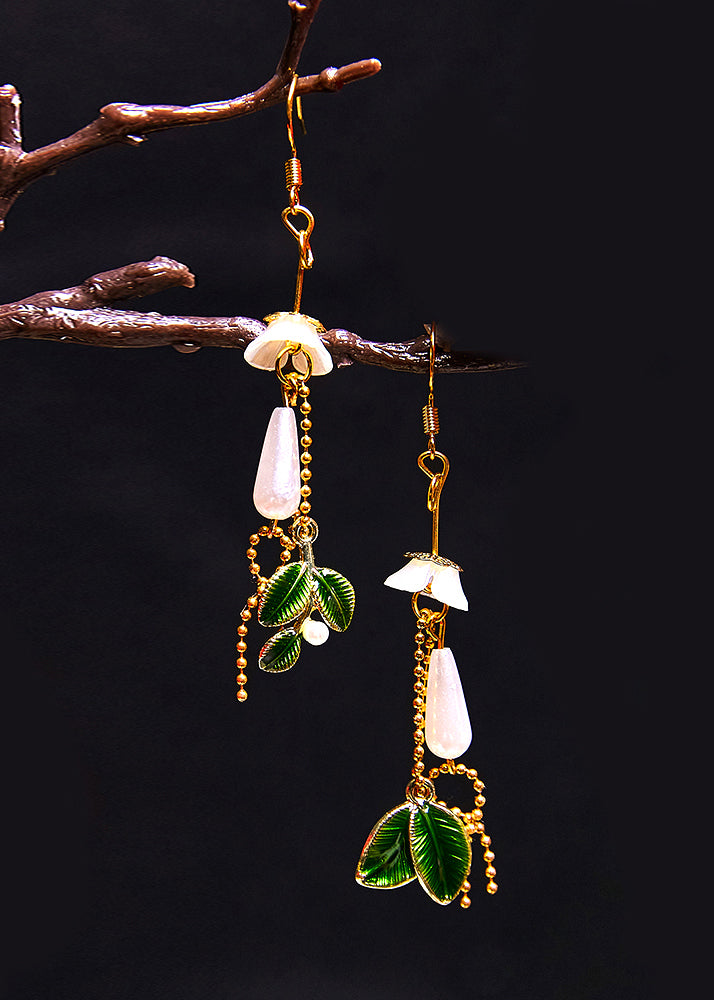 Women Water Droplet Pearl Green Leaf Drop Earrings - Omychic