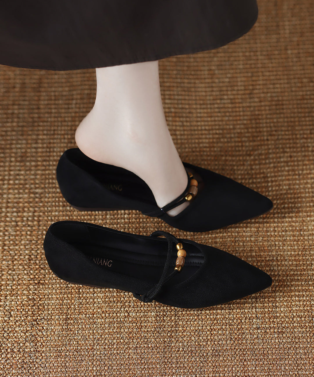Women Wedge High Heels Black Cowhide Leather