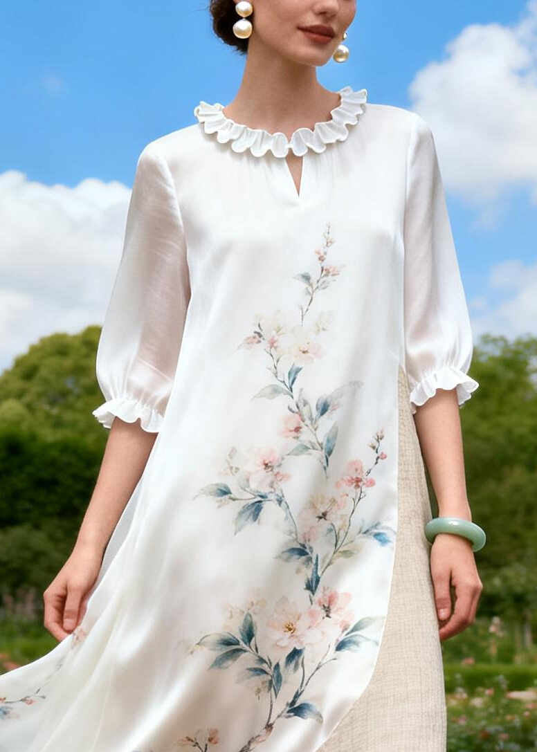 Women White Asymmetrical Patchwork Print Chiffon Ankle Dress Summer
