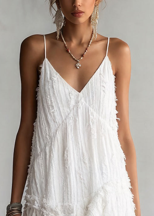 Women White Asymmetrical Ruffled Cotton Spaghetti Strap Tank Sleeveless - Omychic