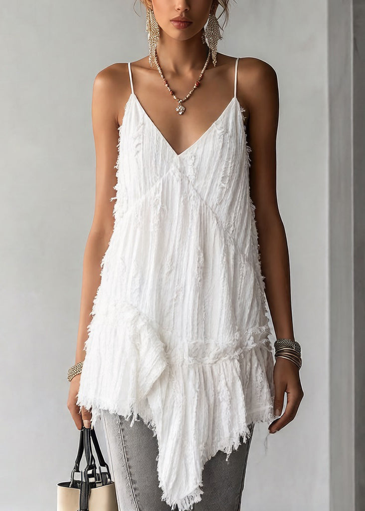 Women White Asymmetrical Ruffled Cotton Spaghetti Strap Tank Sleeveless - Omychic