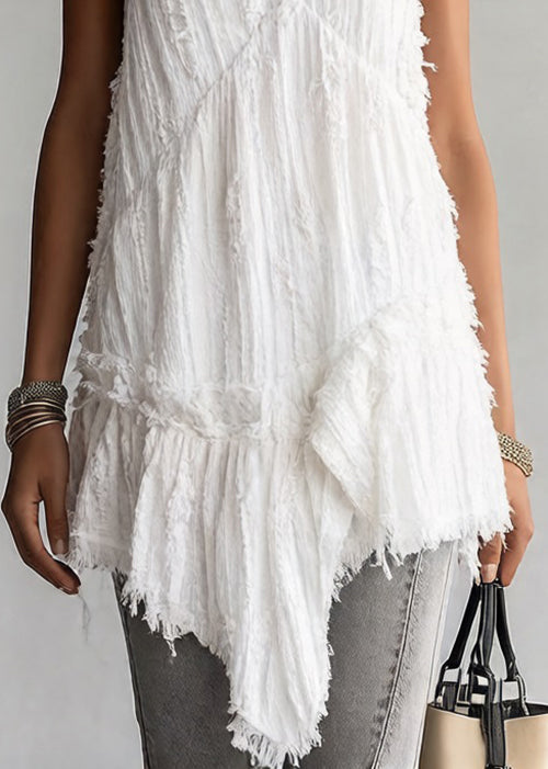 Women White Asymmetrical Ruffled Cotton Spaghetti Strap Tank Sleeveless - Omychic