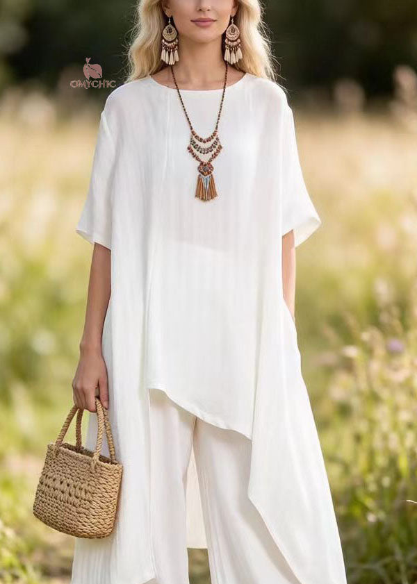 Women White Asymmetrical Top And Pants Cotton 2 Piece Outfit Summer