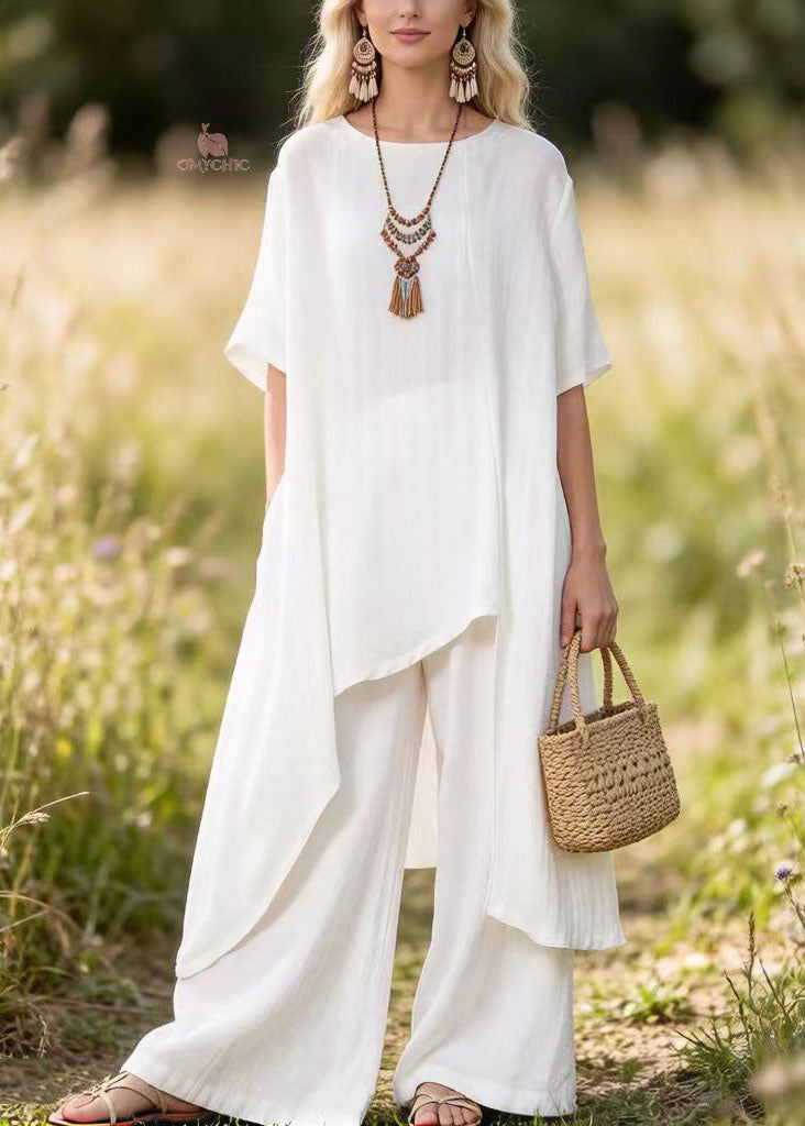 Women White Asymmetrical Top And Pants Cotton 2 Piece Outfit Summer