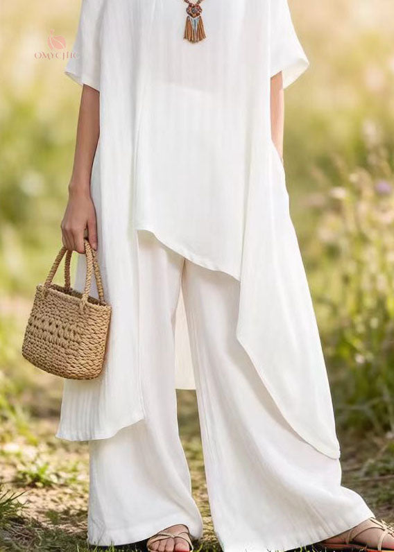 Women White Asymmetrical Top And Pants Cotton 2 Piece Outfit Summer
