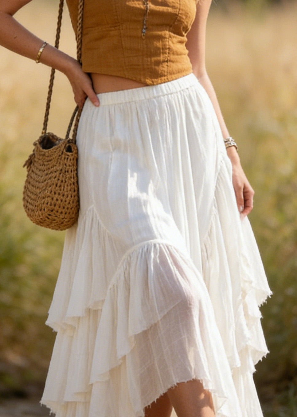 Women White Asymmetrical Wrinkled Patchwork Cotton Skirts Summer