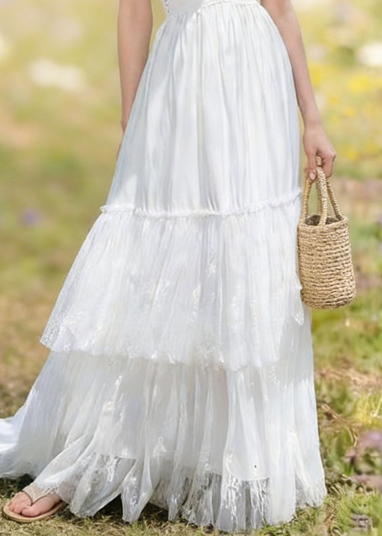 Women White Backless Patchwork Lace Spaghetti Strap Summer - Omychic