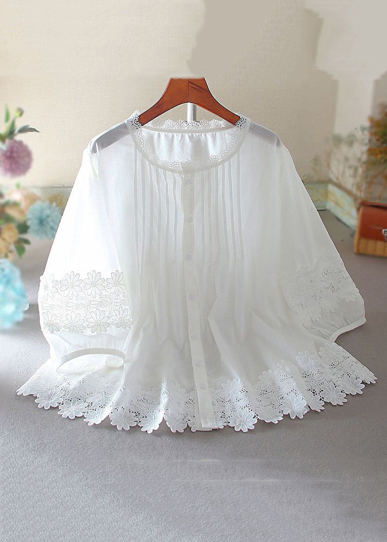 Women White Button Hollow Out Lace Patchwork Shirt Bracelet Sleeve - Omychic