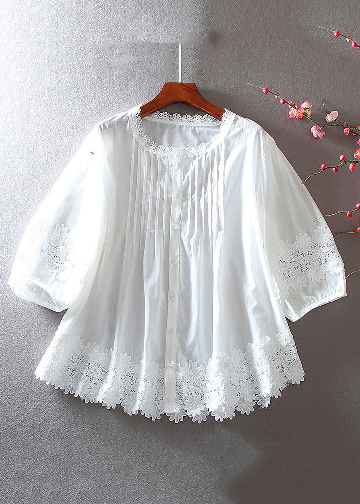 Women White Button Hollow Out Lace Patchwork Shirt Bracelet Sleeve - Omychic