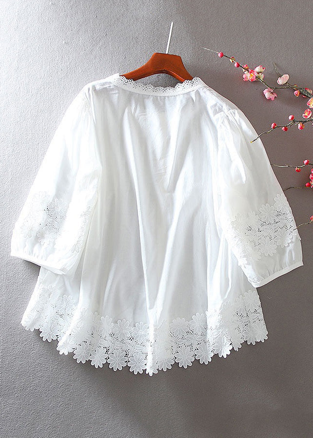 Women White Button Hollow Out Lace Patchwork Shirt Bracelet Sleeve - Omychic