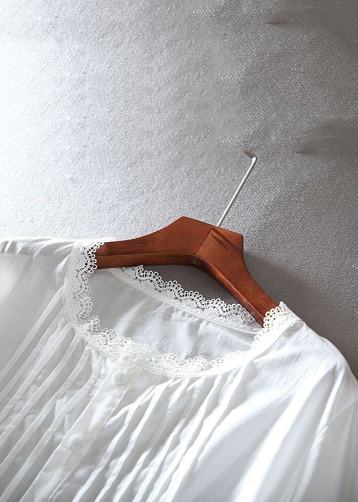 Women White Button Hollow Out Lace Patchwork Shirt Bracelet Sleeve - Omychic