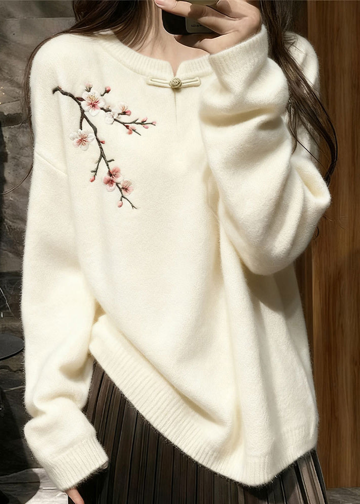 Women White Button Plum Blossom Knit Sweater Tops Winter