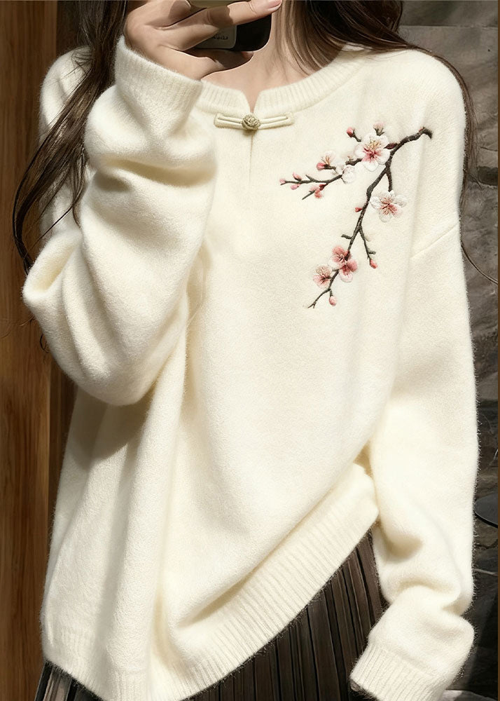 Women White Button Plum Blossom Knit Sweater Tops Winter
