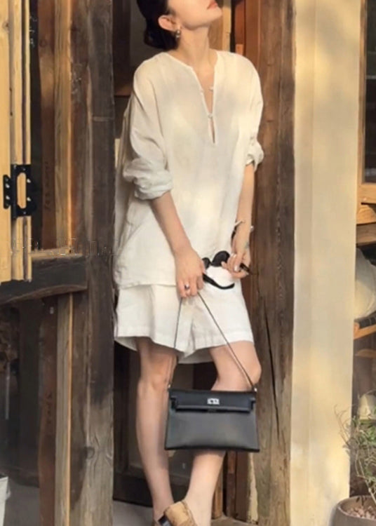Women White Button Shirts And Pockets Shorts Cotton Two Pieces Set Summer