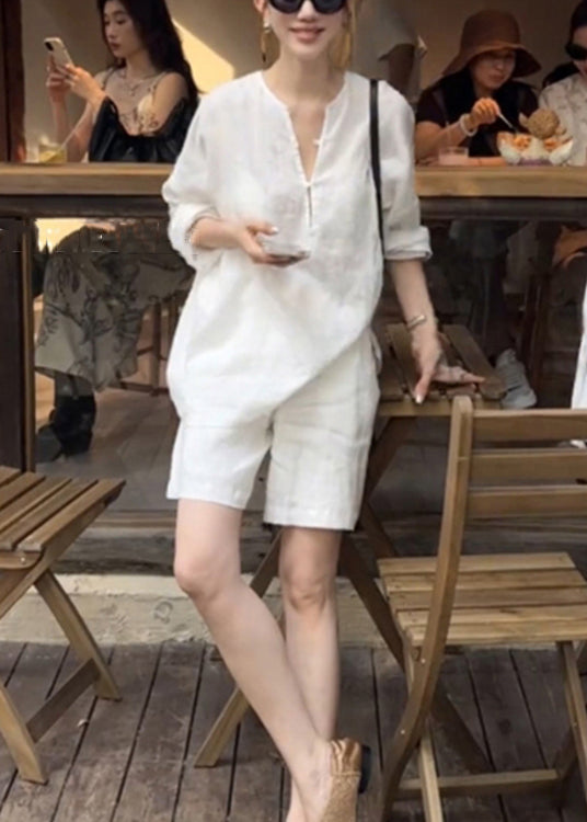 Women White Button Shirts And Pockets Shorts Cotton Two Pieces Set Summer