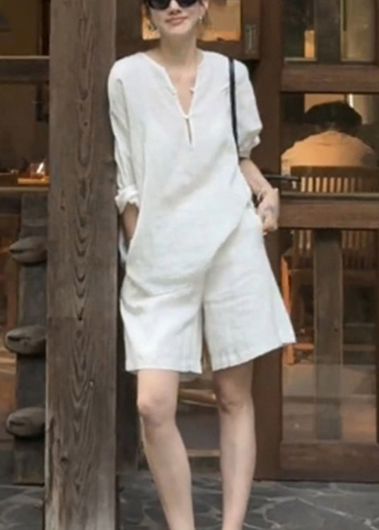 Women White Button Shirts And Pockets Shorts Cotton Two Pieces Set Summer