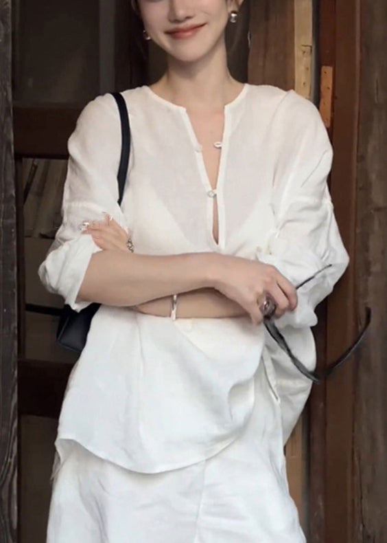 Women White Button Shirts And Pockets Shorts Cotton Two Pieces Set Summer