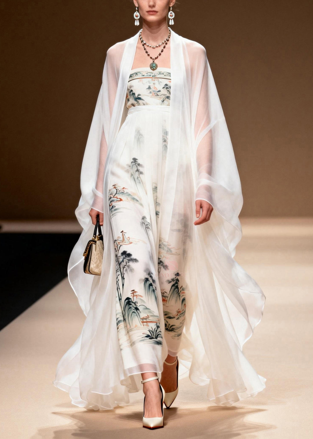 Women White Cardigans And Dress Print Chiffon Two Pieces Set Spring