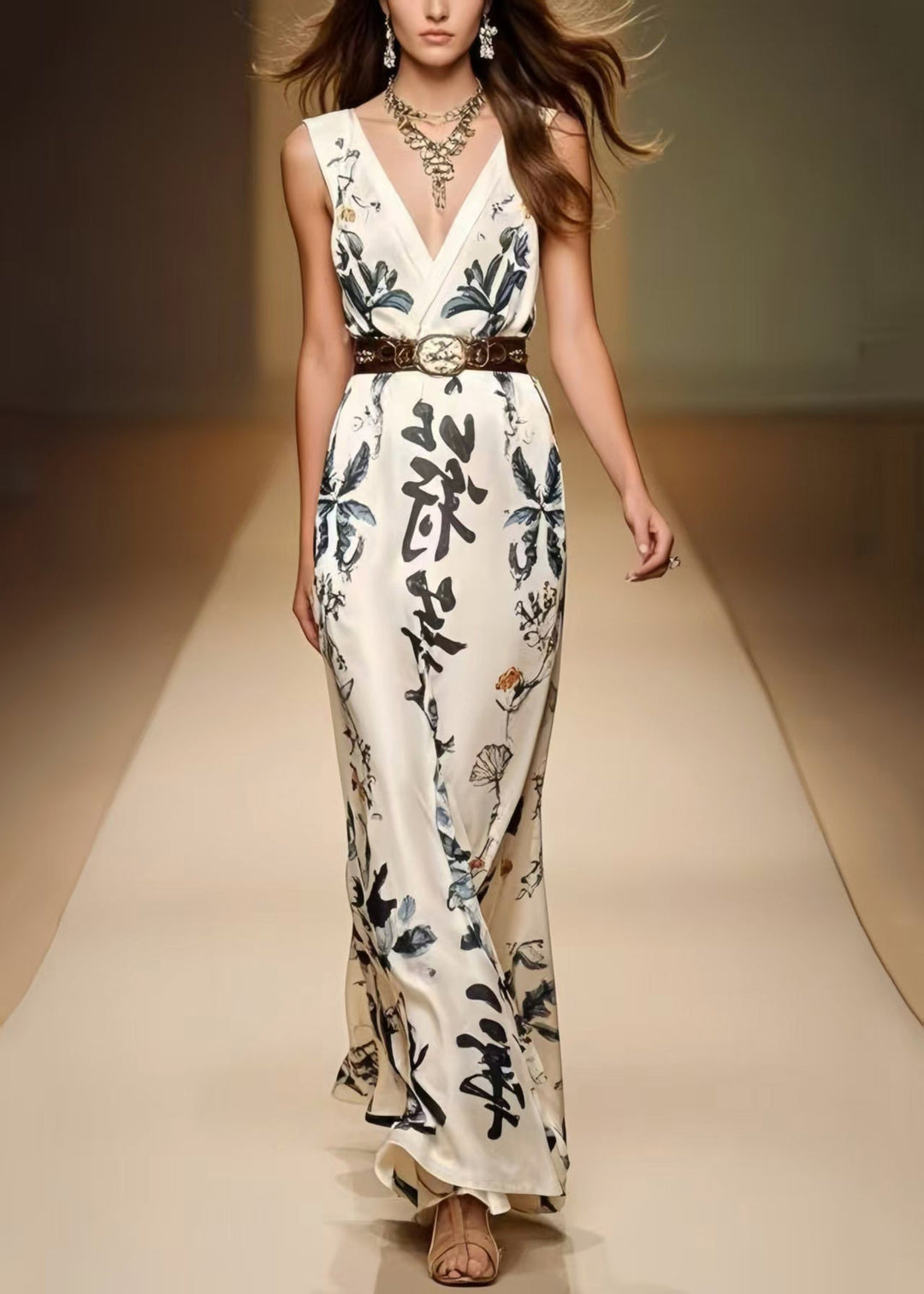 Women White Cinched Print Silk Dress Sleeveless